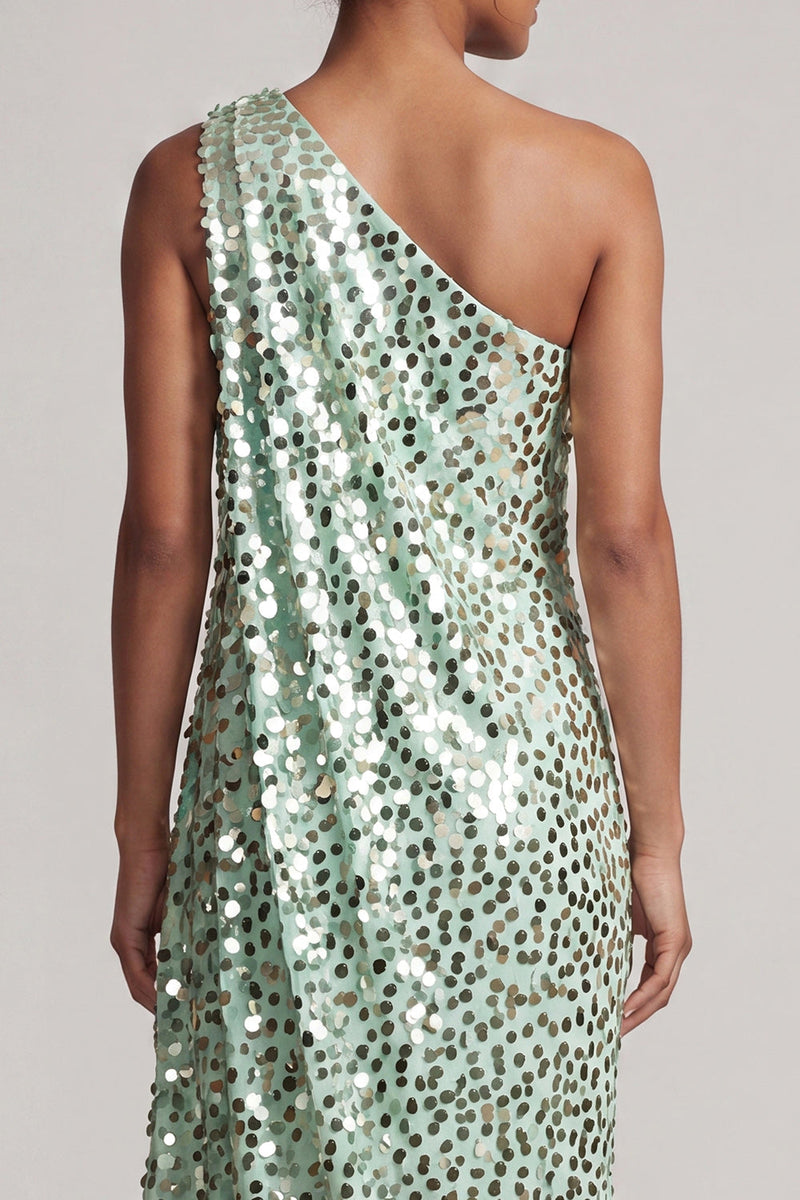 Laden Sie das Bild in den Galerie-Viewer, Glitzerndes silbernes Einschulter-Meerjungfrauen-Asymmetrisches Midi-Mutter-der-Braut-Kleid mit Pailletten