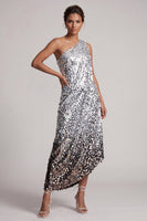 Laden Sie das Bild in den Galerie-Viewer, Glitzerndes silbernes Einschulter-Meerjungfrauen-Asymmetrisches Midi-Mutter-der-Braut-Kleid mit Pailletten
