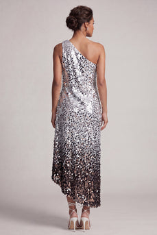 Glitzerndes Silbernes Einschulter Meerjungfrauen Asymmetrisches Midi Mutter der Braut Kleid mit Pailletten