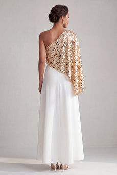 Einschulter Champagner A-Linie Midi Mutter der Braut Kleid mit Pailletten