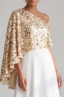 Laden Sie das Bild in den Galerie-Viewer, Einschulter-Champagner-A-Linie Midi-Mutter-der-Braut-Kleid mit Pailletten