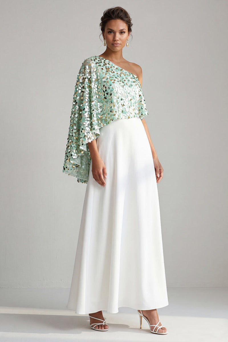 Laden Sie das Bild in den Galerie-Viewer, Einschulter-Champagner-A-Linie Midi-Mutter-der-Braut-Kleid mit Pailletten
