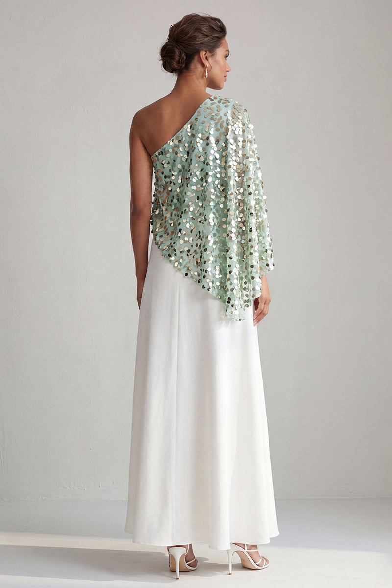 Laden Sie das Bild in den Galerie-Viewer, Einschulter-Champagner-A-Linie Midi-Mutter-der-Braut-Kleid mit Pailletten