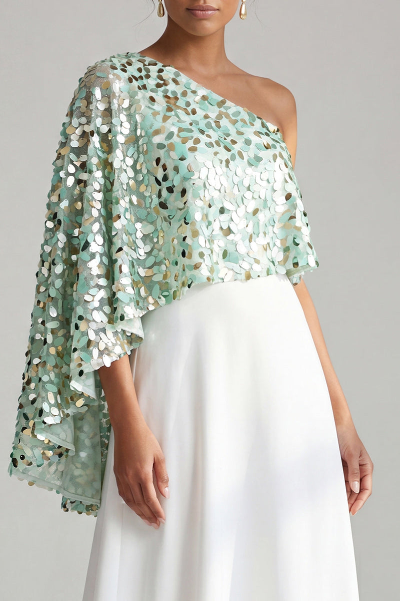 Laden Sie das Bild in den Galerie-Viewer, Einschulter-Champagner-A-Linie Midi-Mutter-der-Braut-Kleid mit Pailletten
