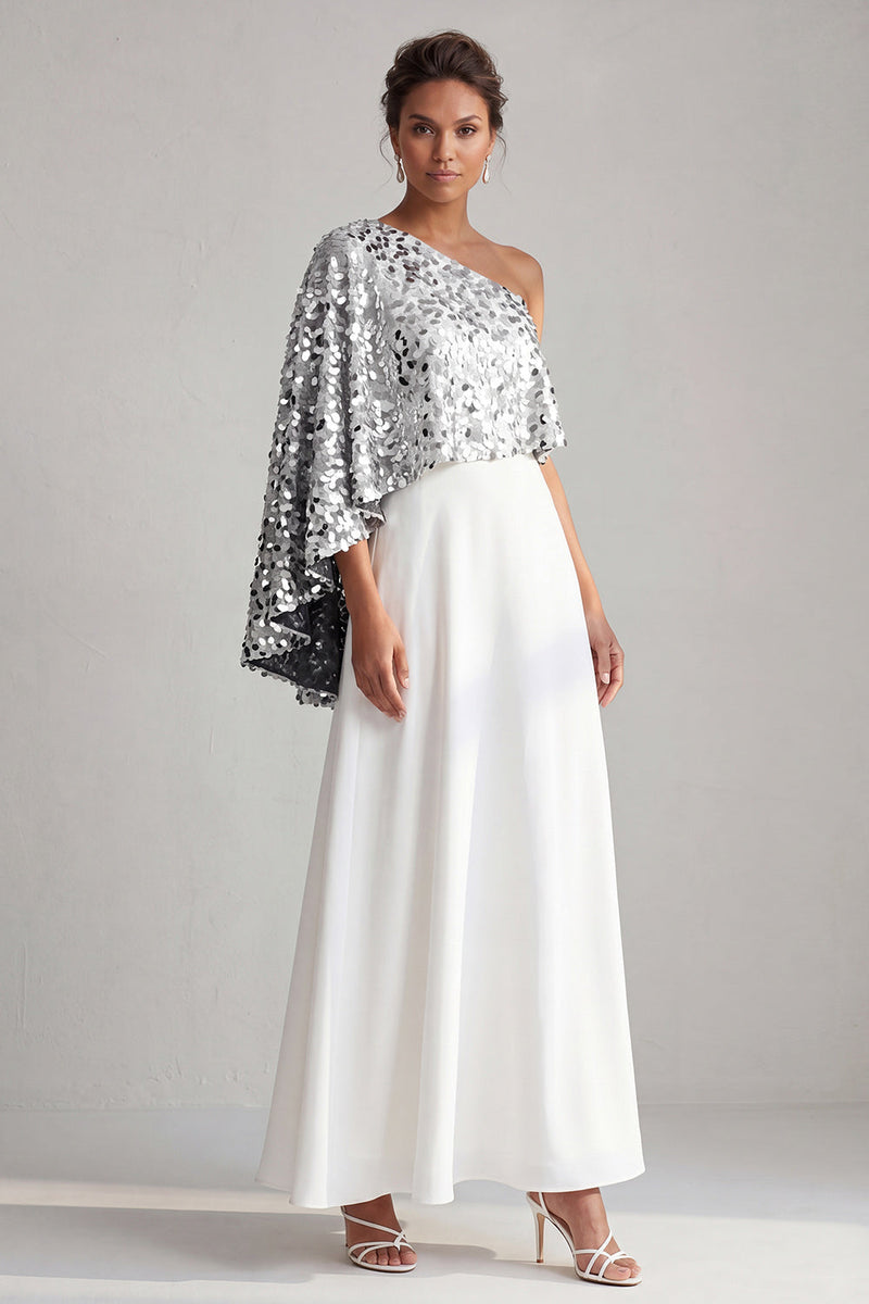 Laden Sie das Bild in den Galerie-Viewer, Einschulter-Champagner-A-Linie Midi-Mutter-der-Braut-Kleid mit Pailletten