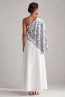 Laden Sie das Bild in den Galerie-Viewer, Einschulter-Champagner-A-Linie Midi-Mutter-der-Braut-Kleid mit Pailletten