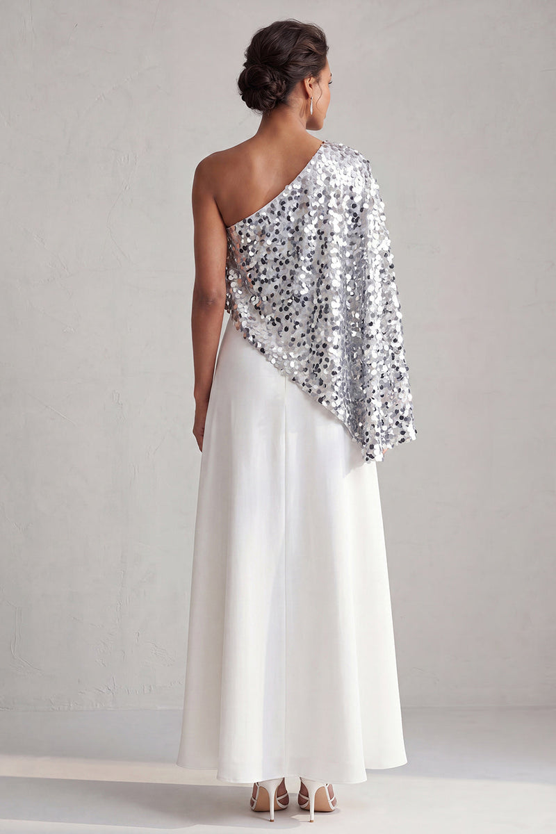Laden Sie das Bild in den Galerie-Viewer, Einschulter-Champagner-A-Linie Midi-Mutter-der-Braut-Kleid mit Pailletten