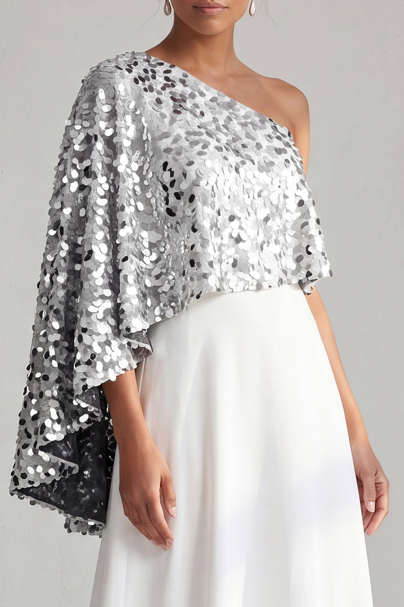Laden Sie das Bild in den Galerie-Viewer, Einschulter-Champagner-A-Linie Midi-Mutter-der-Braut-Kleid mit Pailletten