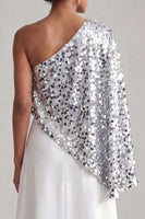 Laden Sie das Bild in den Galerie-Viewer, Einschulter-Champagner-A-Linie Midi-Mutter-der-Braut-Kleid mit Pailletten