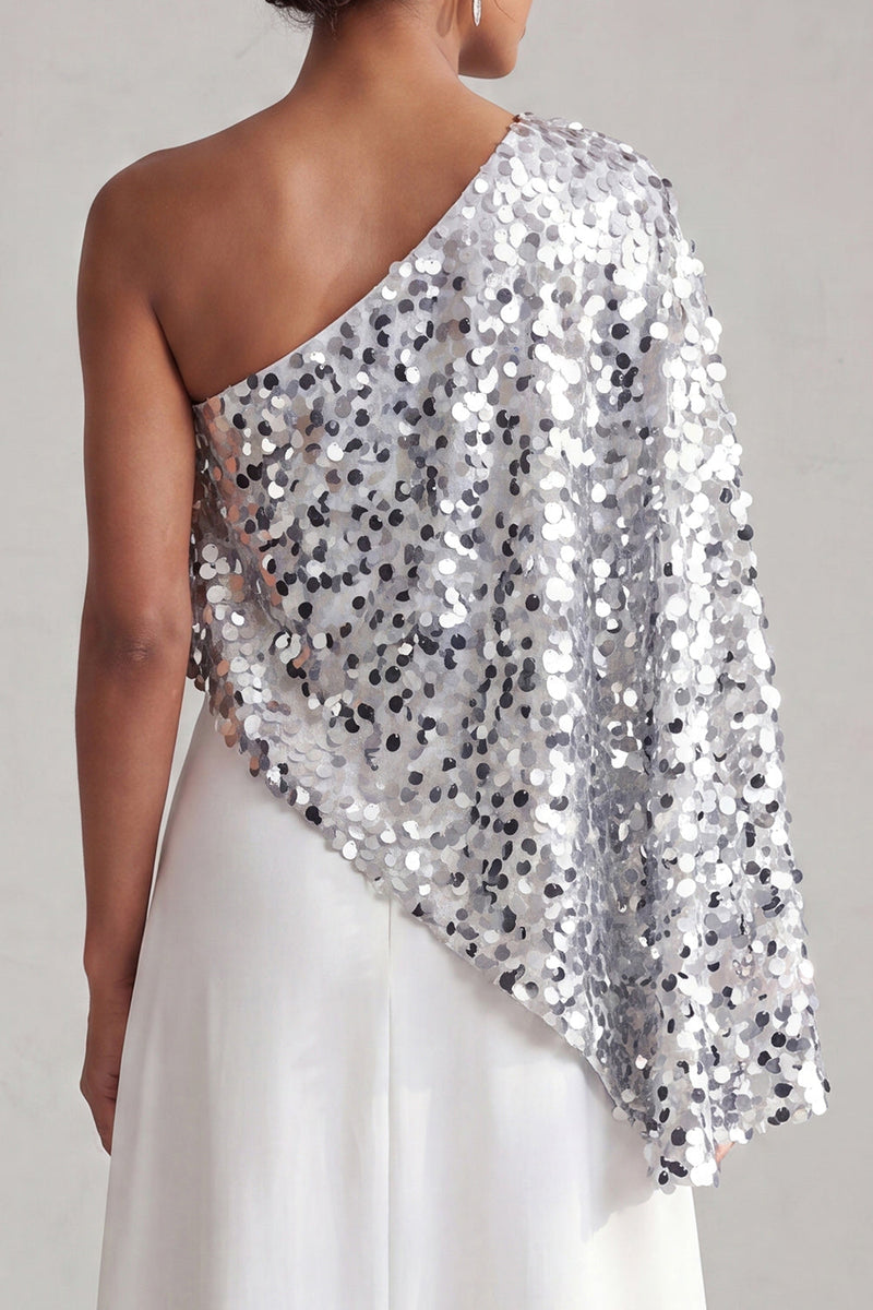 Laden Sie das Bild in den Galerie-Viewer, Einschulter-Champagner-A-Linie Midi-Mutter-der-Braut-Kleid mit Pailletten