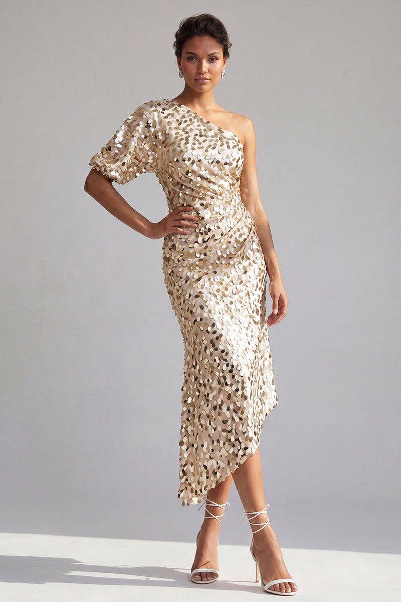 Laden Sie das Bild in den Galerie-Viewer, Meerjungfrau-Champagner, eine Schulter asymmetrische, geraffte Pailletten, Midi-Mutter-der-Braut-Kleid
