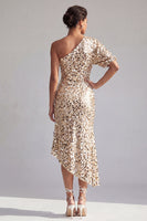 Laden Sie das Bild in den Galerie-Viewer, Meerjungfrau-Champagner, eine Schulter asymmetrische, geraffte Pailletten, Midi-Mutter-der-Braut-Kleid