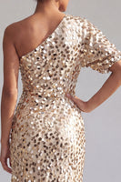 Laden Sie das Bild in den Galerie-Viewer, Meerjungfrau-Champagner, eine Schulter asymmetrische, geraffte Pailletten, Midi-Mutter-der-Braut-Kleid