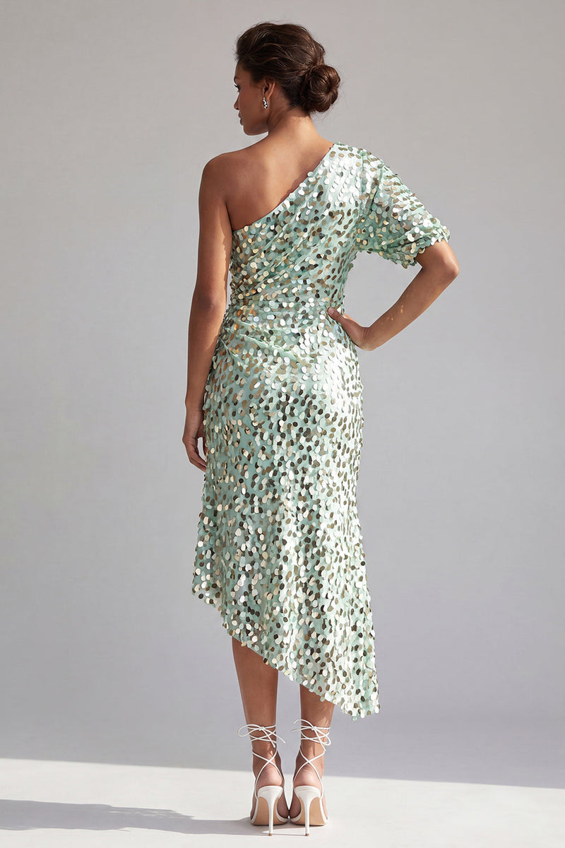 Laden Sie das Bild in den Galerie-Viewer, Meerjungfrau-Champagner, eine Schulter asymmetrische, geraffte Pailletten, Midi-Mutter-der-Braut-Kleid