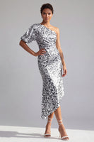 Laden Sie das Bild in den Galerie-Viewer, Meerjungfrau-Champagner, eine Schulter asymmetrische, geraffte Pailletten, Midi-Mutter-der-Braut-Kleid