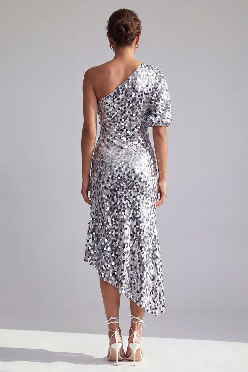 Laden Sie das Bild in den Galerie-Viewer, Meerjungfrau-Champagner, eine Schulter asymmetrische, geraffte Pailletten, Midi-Mutter-der-Braut-Kleid
