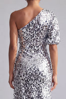 Laden Sie das Bild in den Galerie-Viewer, Meerjungfrau-Champagner, eine Schulter asymmetrische, geraffte Pailletten, Midi-Mutter-der-Braut-Kleid