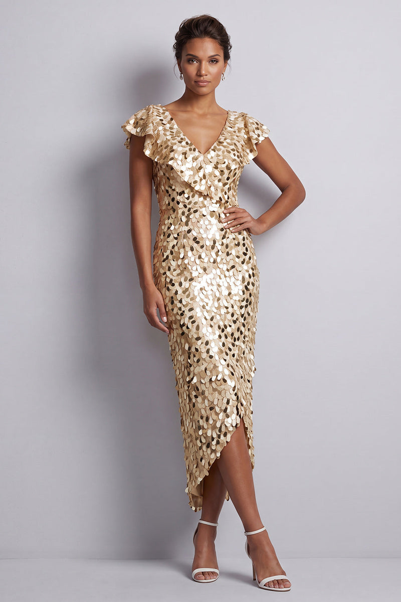 Laden Sie das Bild in den Galerie-Viewer, Meerjungfrauen-Silber-V-Ausschnitt-Asymmetrische Pailletten-Midi-Mutter-der-Braut-Kleid mit Rüschen