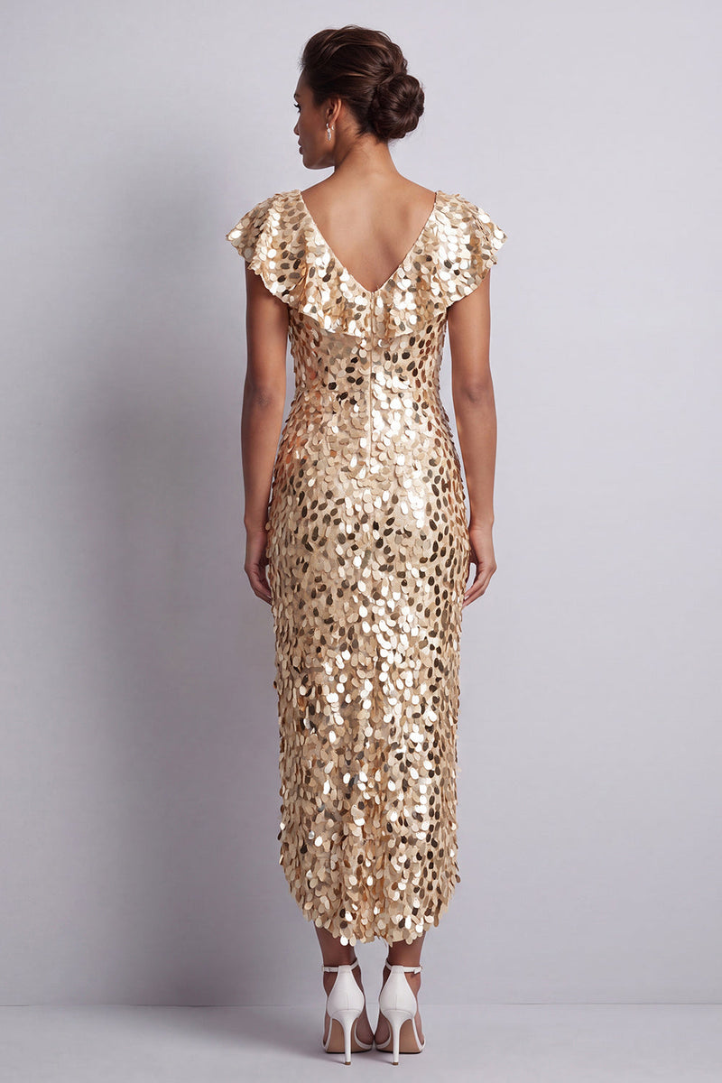 Laden Sie das Bild in den Galerie-Viewer, Meerjungfrauen-Silber-V-Ausschnitt-Asymmetrische Pailletten-Midi-Mutter-der-Braut-Kleid mit Rüschen