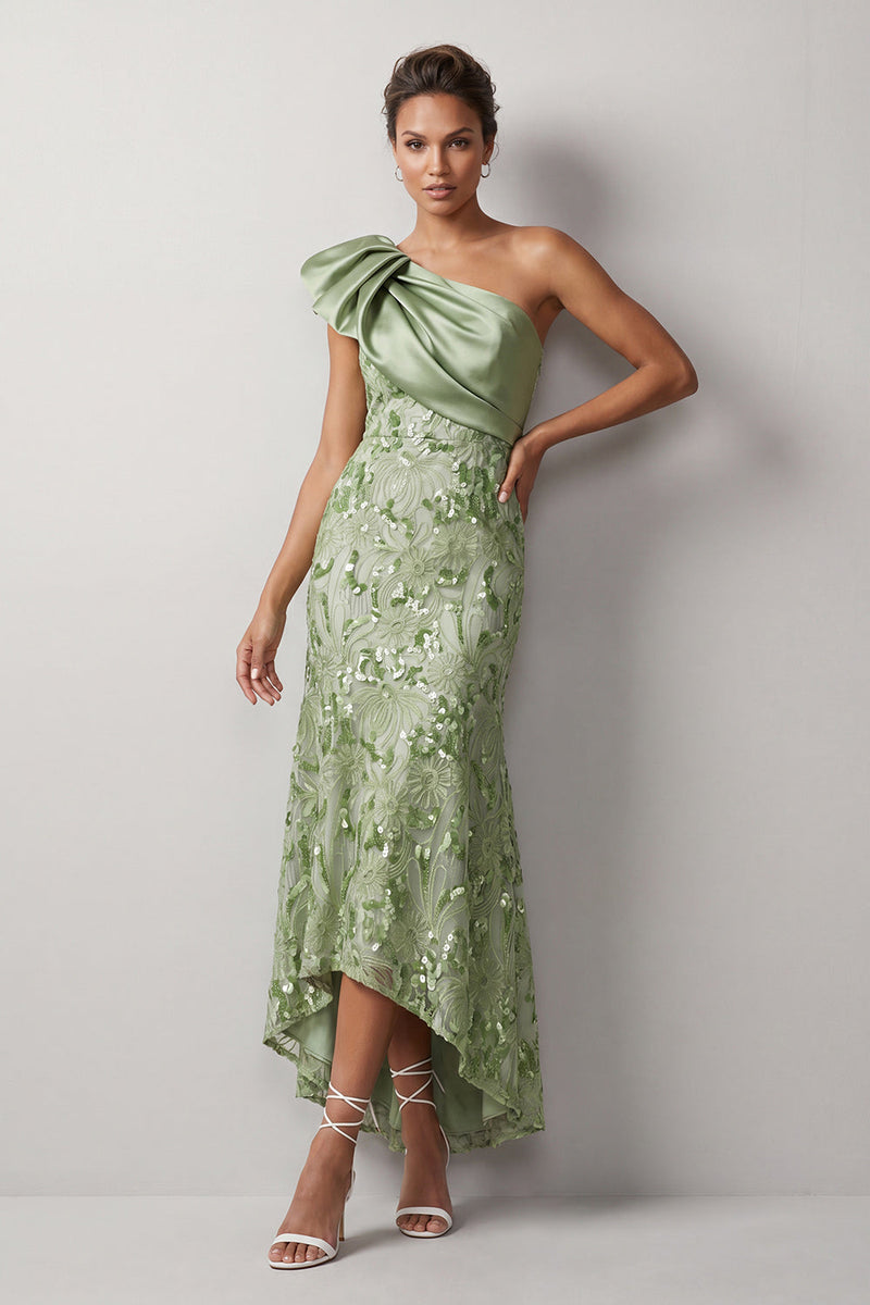 Laden Sie das Bild in den Galerie-Viewer, Pfirsich-Meerjungfrau, eine Schulter asymmetrische Pailletten, Midi-Mutter-der-Braut-Kleid