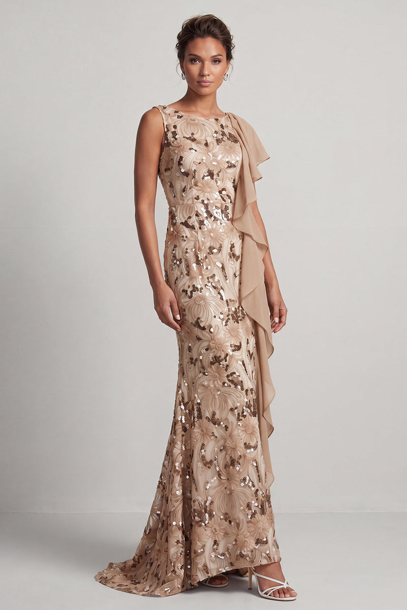 Laden Sie das Bild in den Galerie-Viewer, Champagner-Meerjungfrauen-Pailletten Bateau-Ausschnitt Langes Mutter-der-der-Braut-Kleid mit Rüschen