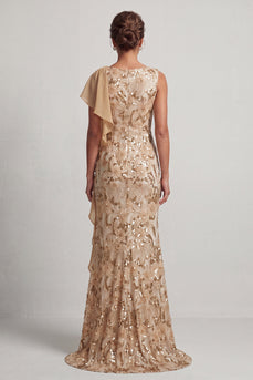 Champagner Meerjungfrauen Pailletten Bateau-Ausschnitt Langes Mutter-der-Braut-Kleid mit Rüschen