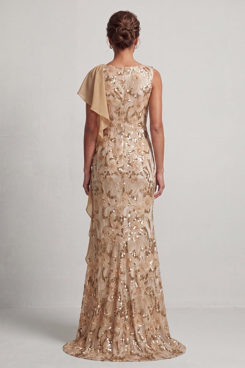 Laden Sie das Bild in den Galerie-Viewer, Champagner-Meerjungfrauen-Pailletten Bateau-Ausschnitt Langes Mutter-der-der-Braut-Kleid mit Rüschen