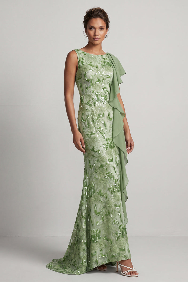 Laden Sie das Bild in den Galerie-Viewer, Champagner-Meerjungfrauen-Pailletten Bateau-Ausschnitt Langes Mutter-der-der-Braut-Kleid mit Rüschen