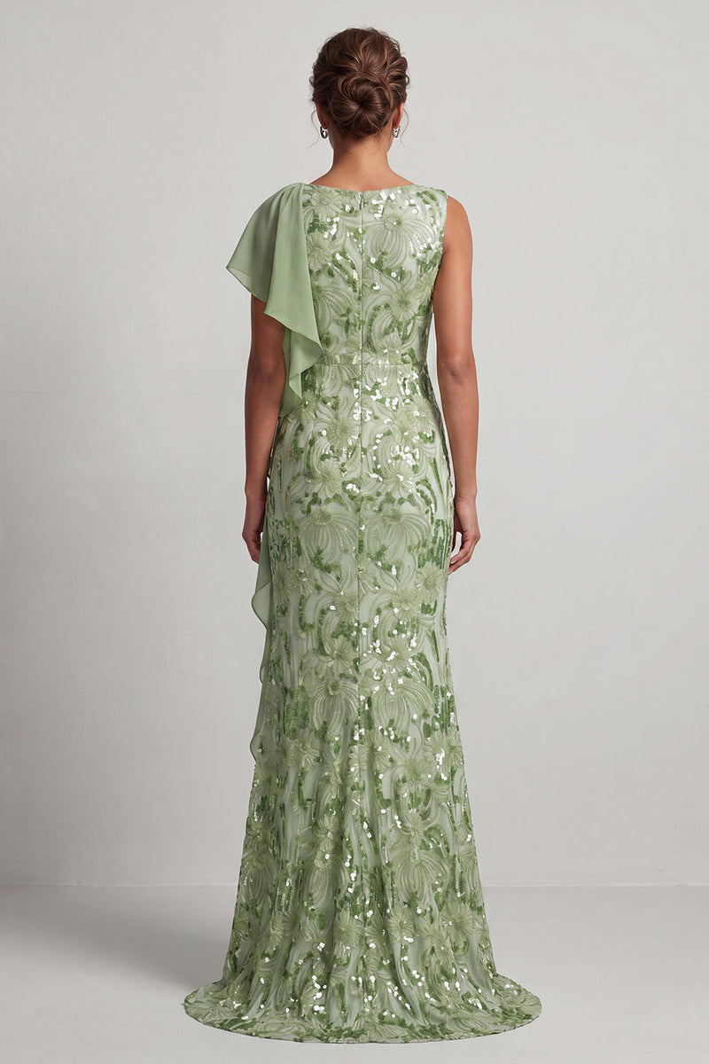 Laden Sie das Bild in den Galerie-Viewer, Champagner-Meerjungfrauen-Pailletten Bateau-Ausschnitt Langes Mutter-der-der-Braut-Kleid mit Rüschen