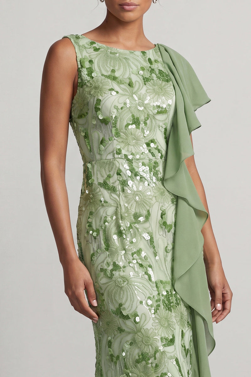 Laden Sie das Bild in den Galerie-Viewer, Champagner-Meerjungfrauen-Pailletten Bateau-Ausschnitt Langes Mutter-der-der-Braut-Kleid mit Rüschen