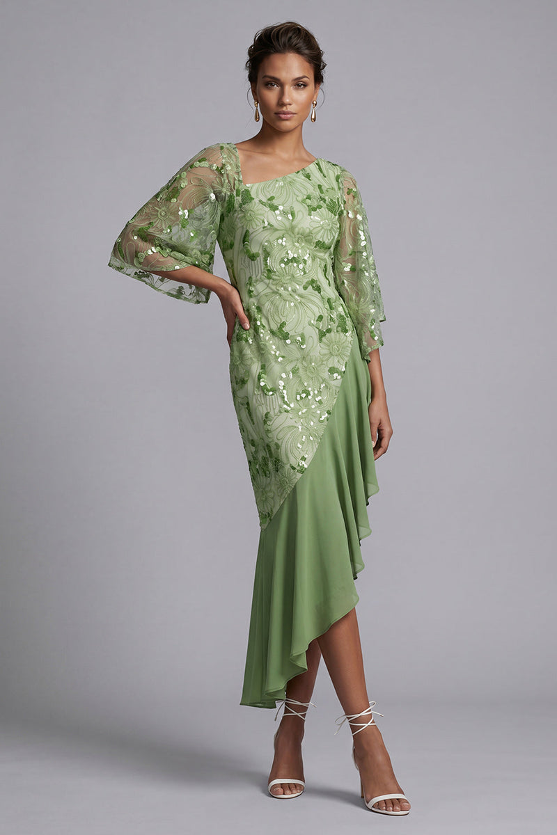 Laden Sie das Bild in den Galerie-Viewer, Wassermelonen-Meerjungfrau-Asymmetrische Pailletten Mutter-der-Braut-Kleid mit Rüschen