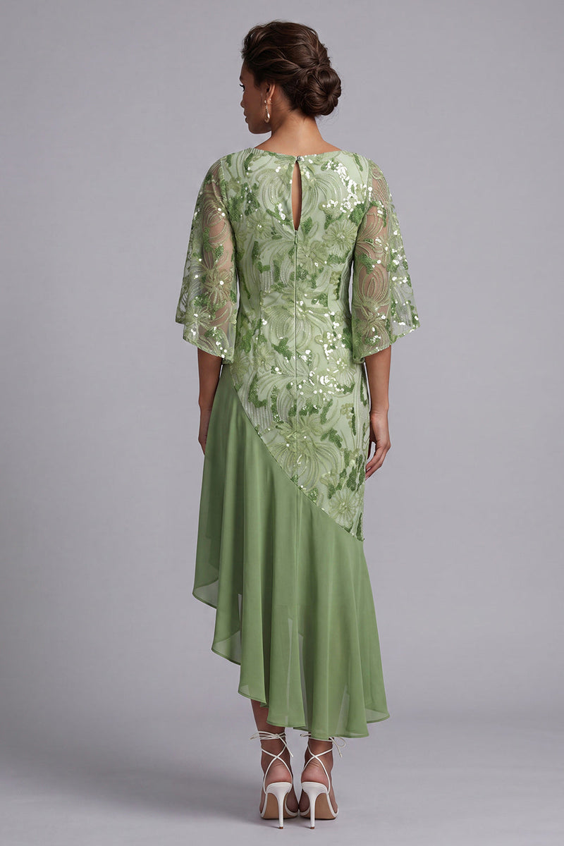 Laden Sie das Bild in den Galerie-Viewer, Wassermelonen-Meerjungfrau-Asymmetrische Pailletten Mutter-der-Braut-Kleid mit Rüschen