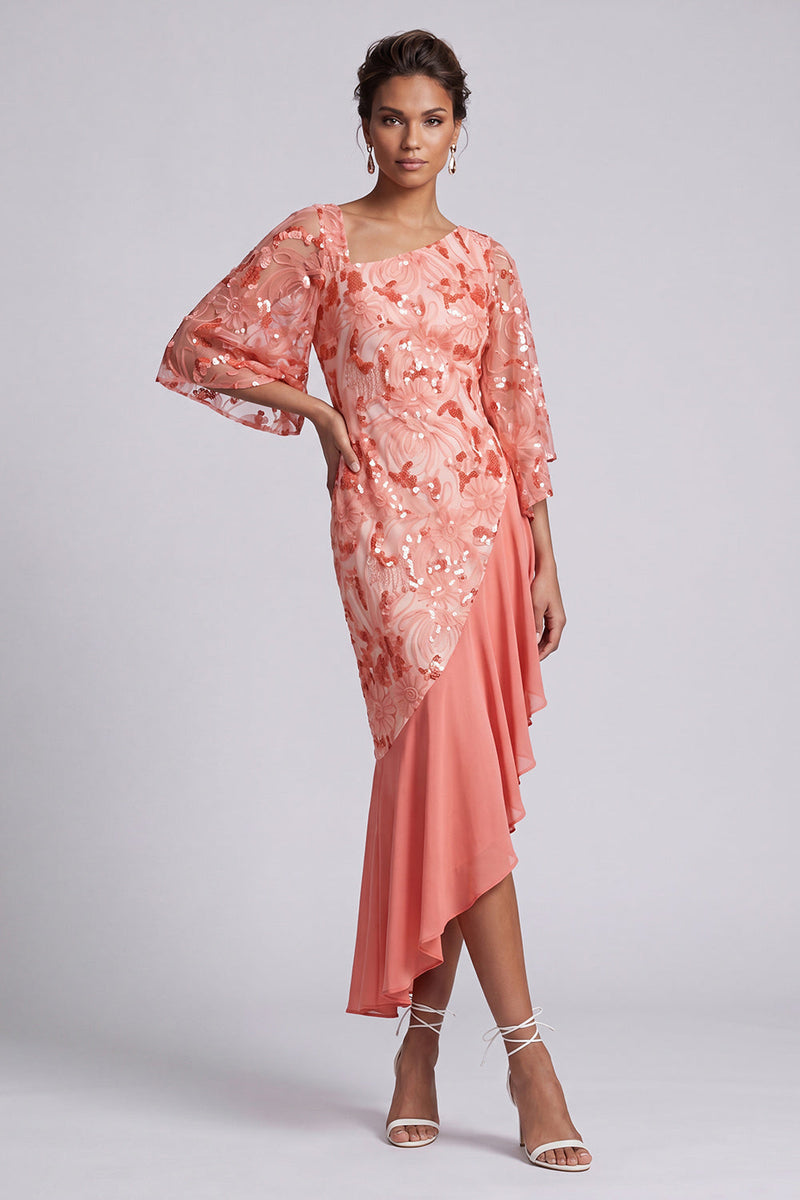 Laden Sie das Bild in den Galerie-Viewer, Wassermelonen-Meerjungfrau-Asymmetrische Pailletten Mutter-der-Braut-Kleid mit Rüschen