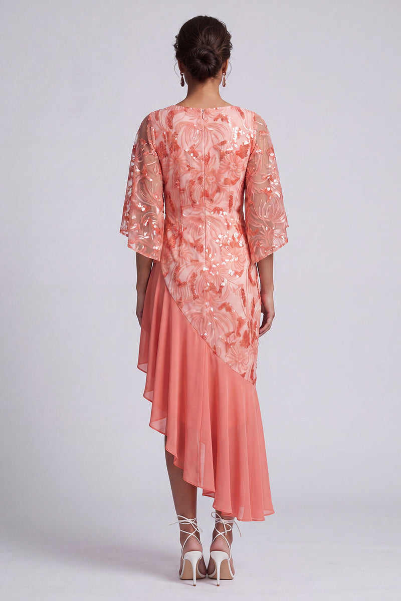 Laden Sie das Bild in den Galerie-Viewer, Wassermelonen-Meerjungfrau-Asymmetrische Pailletten Mutter-der-Braut-Kleid mit Rüschen