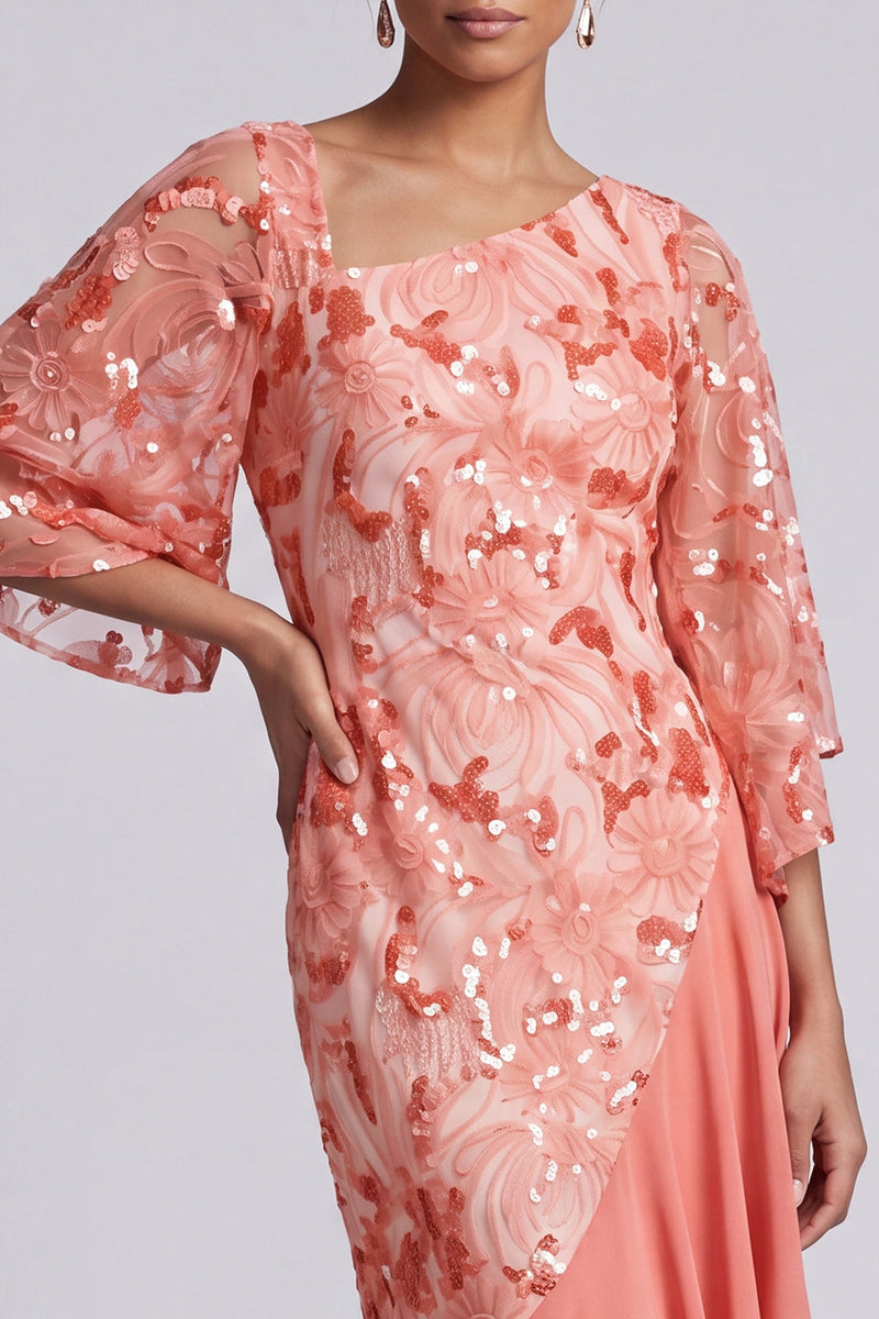 Laden Sie das Bild in den Galerie-Viewer, Wassermelonen-Meerjungfrau-Asymmetrische Pailletten Mutter-der-Braut-Kleid mit Rüschen