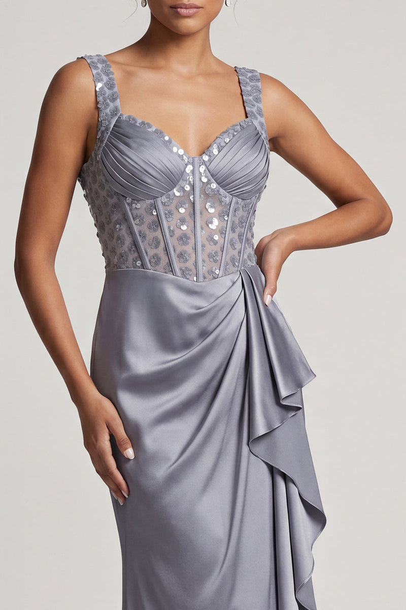 Laden Sie das Bild in den Galerie-Viewer, Weißes Meerjungfrauen-Korsett mit gerafften Pailletten Midi-Mutter-der-Braut-Kleid mit Rüschen