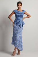 Laden Sie das Bild in den Galerie-Viewer, Blaue Meerjungfrau, asymmetrisches gerafftes Blumen-Midi-Kleid Mutter der Braut