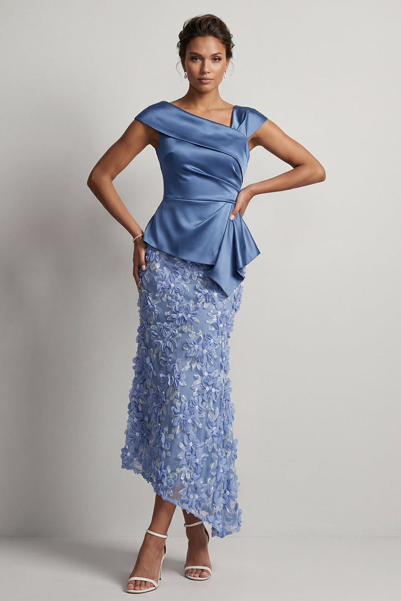 Laden Sie das Bild in den Galerie-Viewer, Blaue Meerjungfrau, asymmetrisches gerafftes Blumen-Midi-Kleid Mutter der Braut