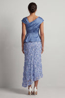 Laden Sie das Bild in den Galerie-Viewer, Blaue Meerjungfrau, asymmetrisches gerafftes Blumen-Midi-Kleid Mutter der Braut
