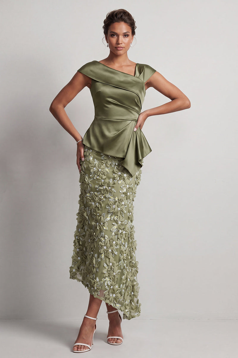Laden Sie das Bild in den Galerie-Viewer, Blaue Meerjungfrau, asymmetrisches gerafftes Blumen-Midi-Kleid Mutter der Braut