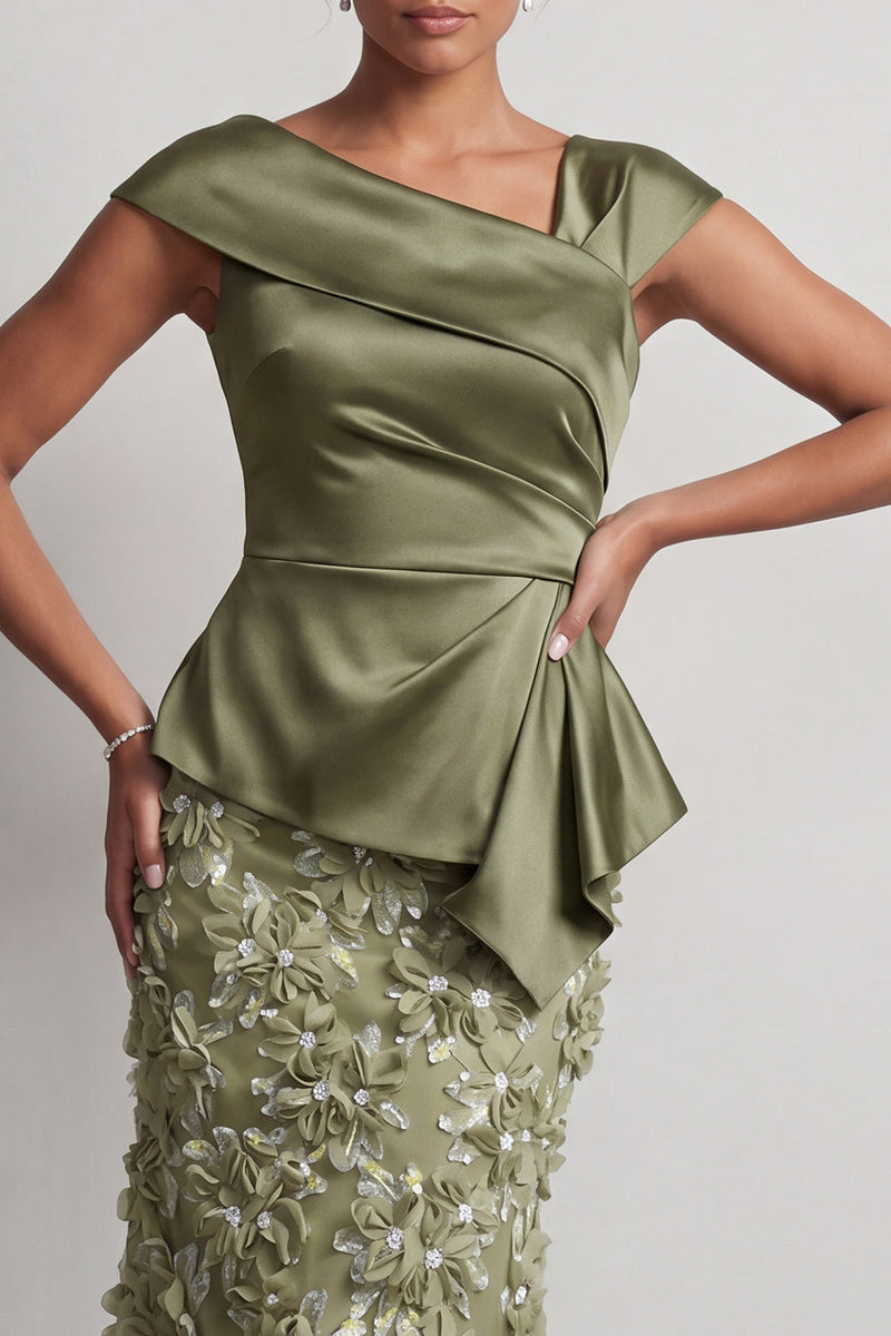Laden Sie das Bild in den Galerie-Viewer, Blaue Meerjungfrau, asymmetrisches gerafftes Blumen-Midi-Kleid Mutter der Braut