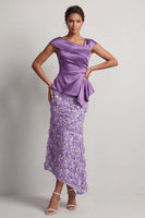 Laden Sie das Bild in den Galerie-Viewer, Blaue Meerjungfrau, asymmetrisches gerafftes Blumen-Midi-Kleid Mutter der Braut
