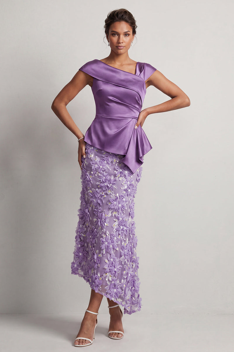 Laden Sie das Bild in den Galerie-Viewer, Blaue Meerjungfrau, asymmetrisches gerafftes Blumen-Midi-Kleid Mutter der Braut