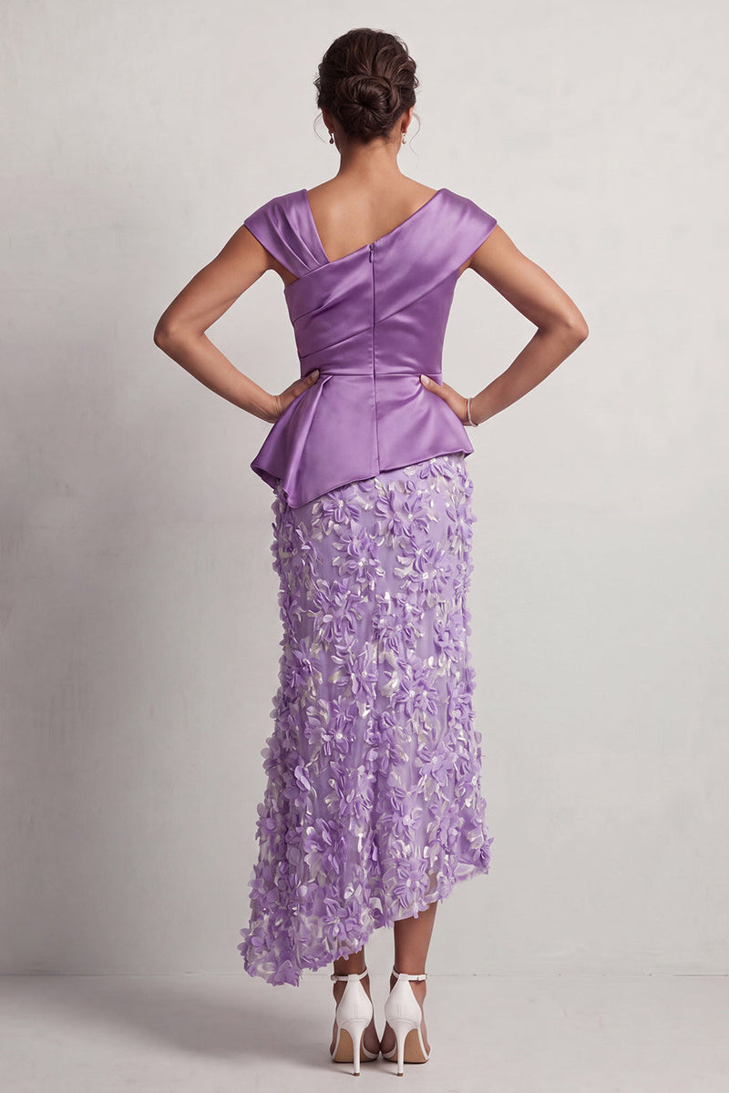 Laden Sie das Bild in den Galerie-Viewer, Blaue Meerjungfrau, asymmetrisches gerafftes Blumen-Midi-Kleid Mutter der Braut