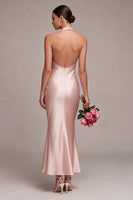 Laden Sie das Bild in den Galerie-Viewer, Dunkelrosa Meerjungfrauen-Satin-Neckholderhals Rückenloses Midi-Kleid mit Schleife
