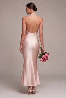 Dunkelrosa Meerjungfrauen Satin Neckholderhals Rückenloses Midi-Kleid mit Schleife