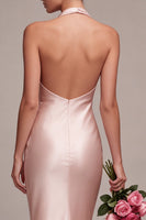 Laden Sie das Bild in den Galerie-Viewer, Dunkelrosa Meerjungfrauen-Satin-Neckholderhals Rückenloses Midi-Kleid mit Schleife