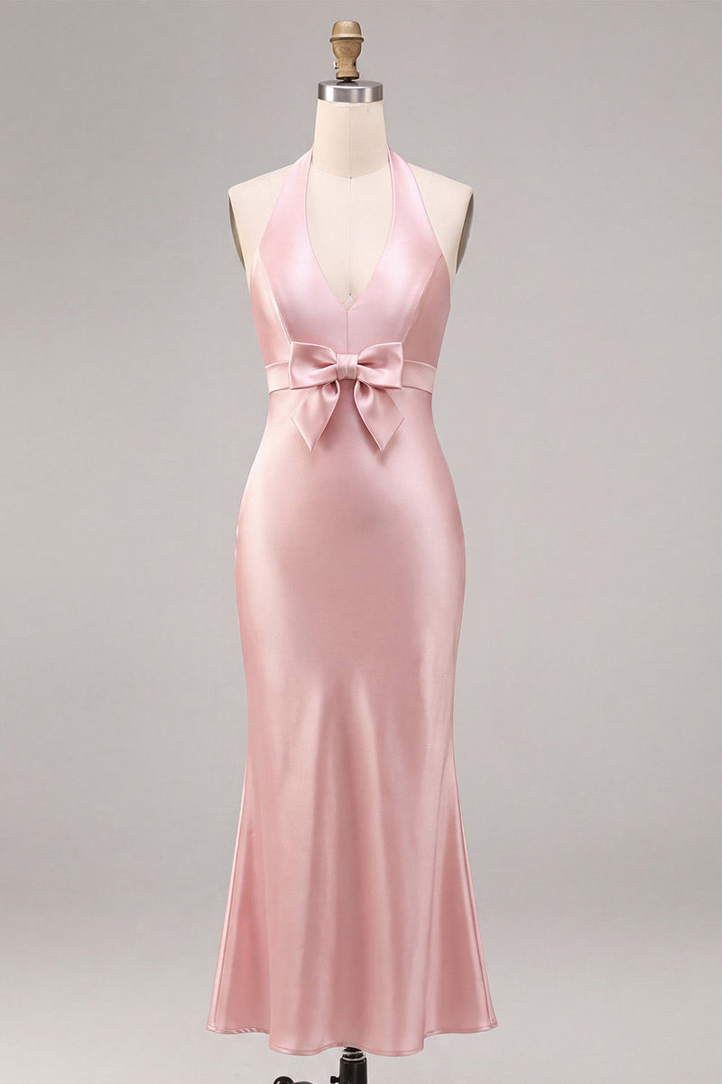 Laden Sie das Bild in den Galerie-Viewer, Dunkelrosa Meerjungfrauen-Satin-Neckholderhals Rückenloses Midi-Kleid mit Schleife