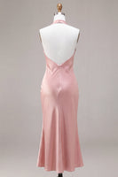 Laden Sie das Bild in den Galerie-Viewer, Dunkelrosa Meerjungfrauen-Satin-Neckholderhals Rückenloses Midi-Kleid mit Schleife