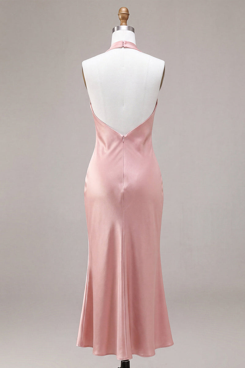 Laden Sie das Bild in den Galerie-Viewer, Dunkelrosa Meerjungfrauen-Satin-Neckholderhals Rückenloses Midi-Kleid mit Schleife
